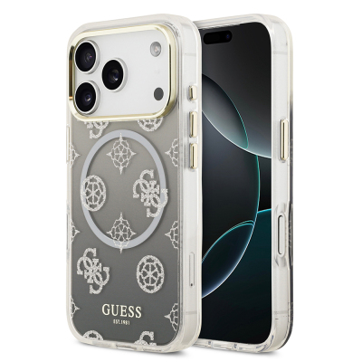 Apple iPhone 17 Pro Case Guess Original Licensed M-safe Charging Feature Glittery Peony Patterned Silicone Cover Black