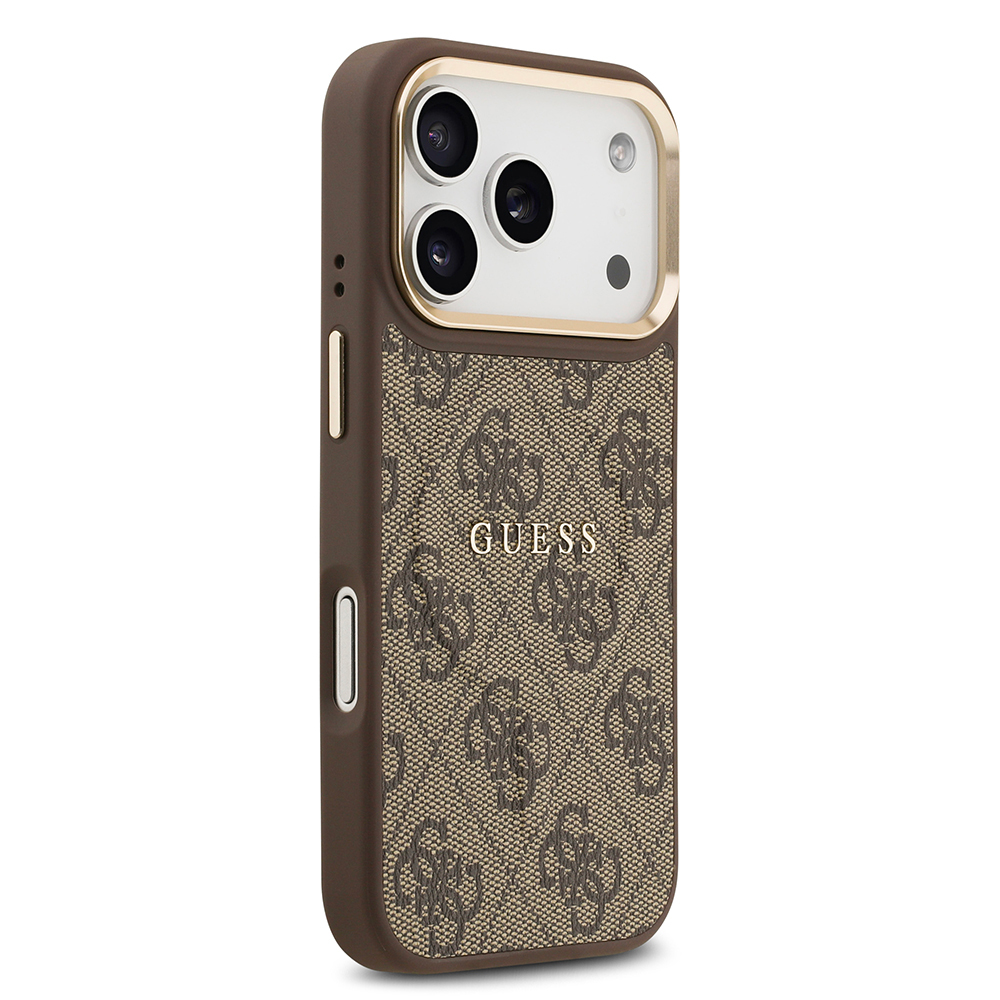 Apple iPhone 17 Pro Case Guess Original Licensed M-safe Charging Feature Gold Metal Camera Frame PU Leather 4G Patterned Text Logo Cover - 12