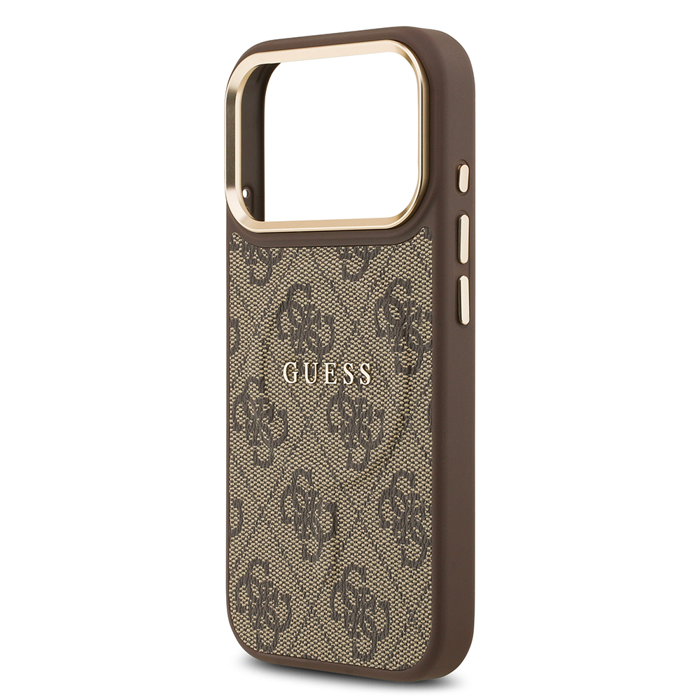 Apple iPhone 17 Pro Case Guess Original Licensed M-safe Charging Feature Gold Metal Camera Frame PU Leather 4G Patterned Text Logo Cover - 14