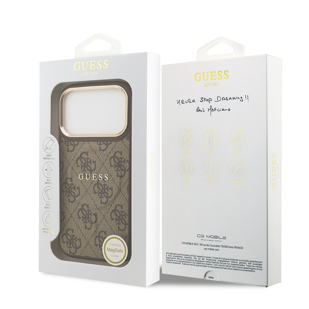 Apple iPhone 17 Pro Case Guess Original Licensed M-safe Charging Feature Gold Metal Camera Frame PU Leather 4G Patterned Text Logo Cover - 17