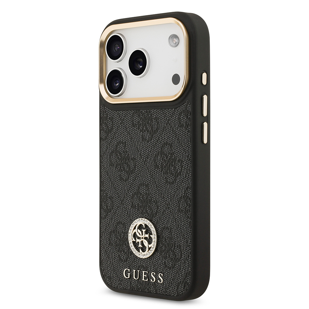 Apple iPhone 17 Pro Case Guess Original Licensed M-safe Charging Feature Gold Metal Camera Frame Stone 4G Logo Cover - 4