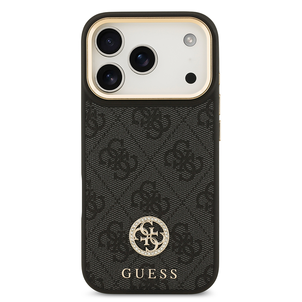 Apple iPhone 17 Pro Case Guess Original Licensed M-safe Charging Feature Gold Metal Camera Frame Stone 4G Logo Cover - 5