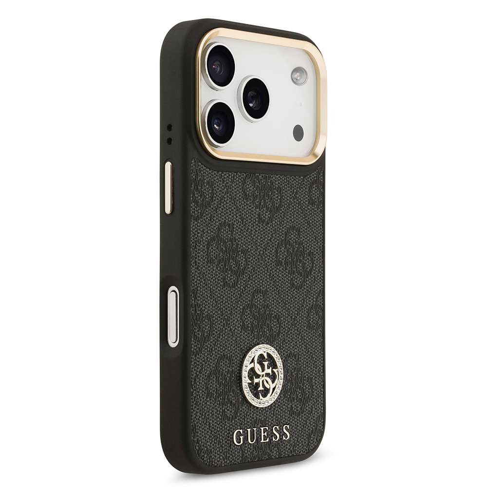 Apple iPhone 17 Pro Case Guess Original Licensed M-safe Charging Feature Gold Metal Camera Frame Stone 4G Logo Cover - 6