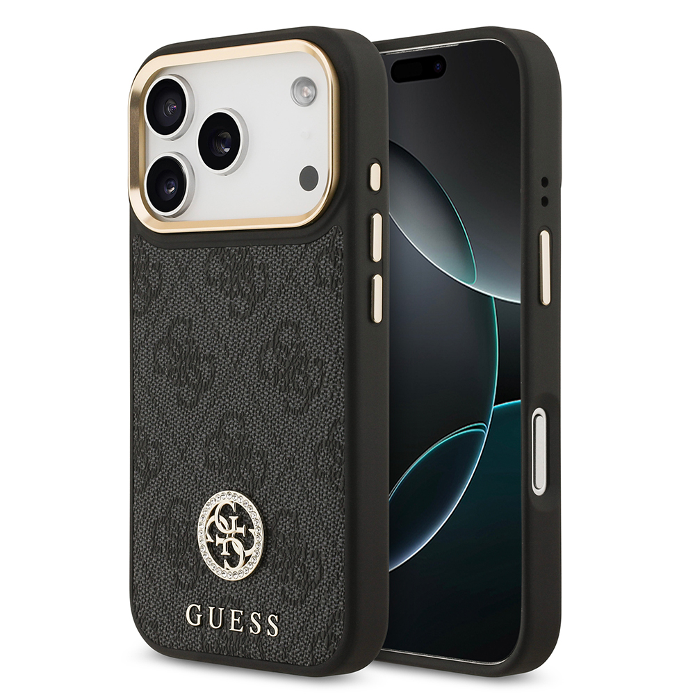 Apple iPhone 17 Pro Case Guess Original Licensed M-safe Charging Feature Gold Metal Camera Frame Stone 4G Logo Cover - 2