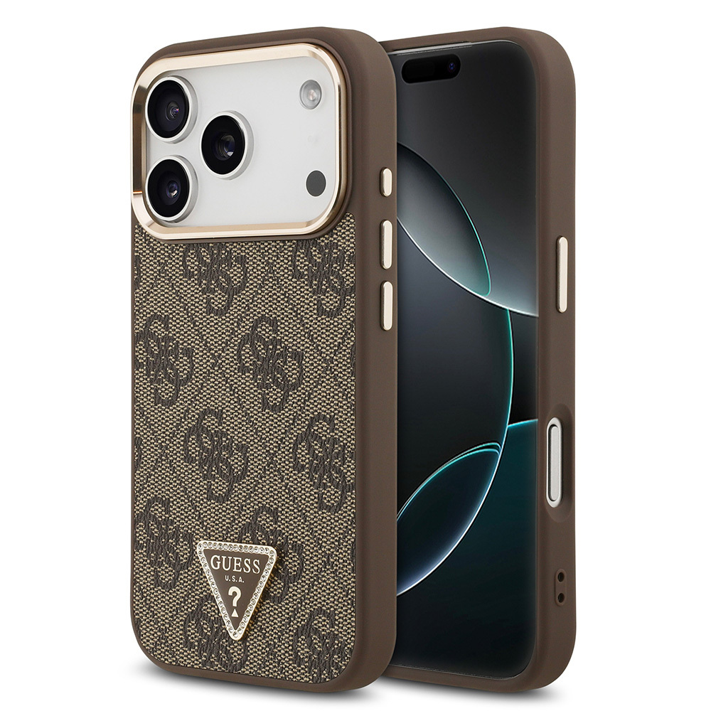 Apple iPhone 17 Pro Case Guess Original Licensed M-safe Charging Feature Gold Metal Camera Frame Stone Triangle Logo 4G Patterned Cover - 1