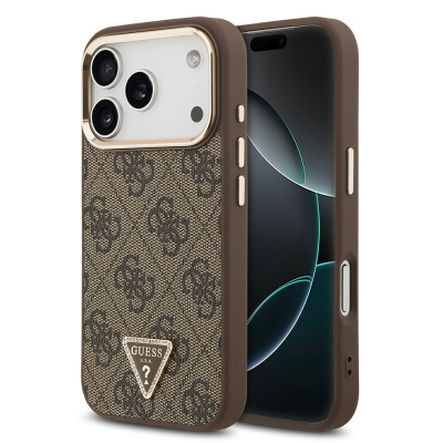 Apple iPhone 17 Pro Case Guess Original Licensed M-safe Charging Feature Gold Metal Camera Frame Stone Triangle Logo 4G Patterned Cover Brown