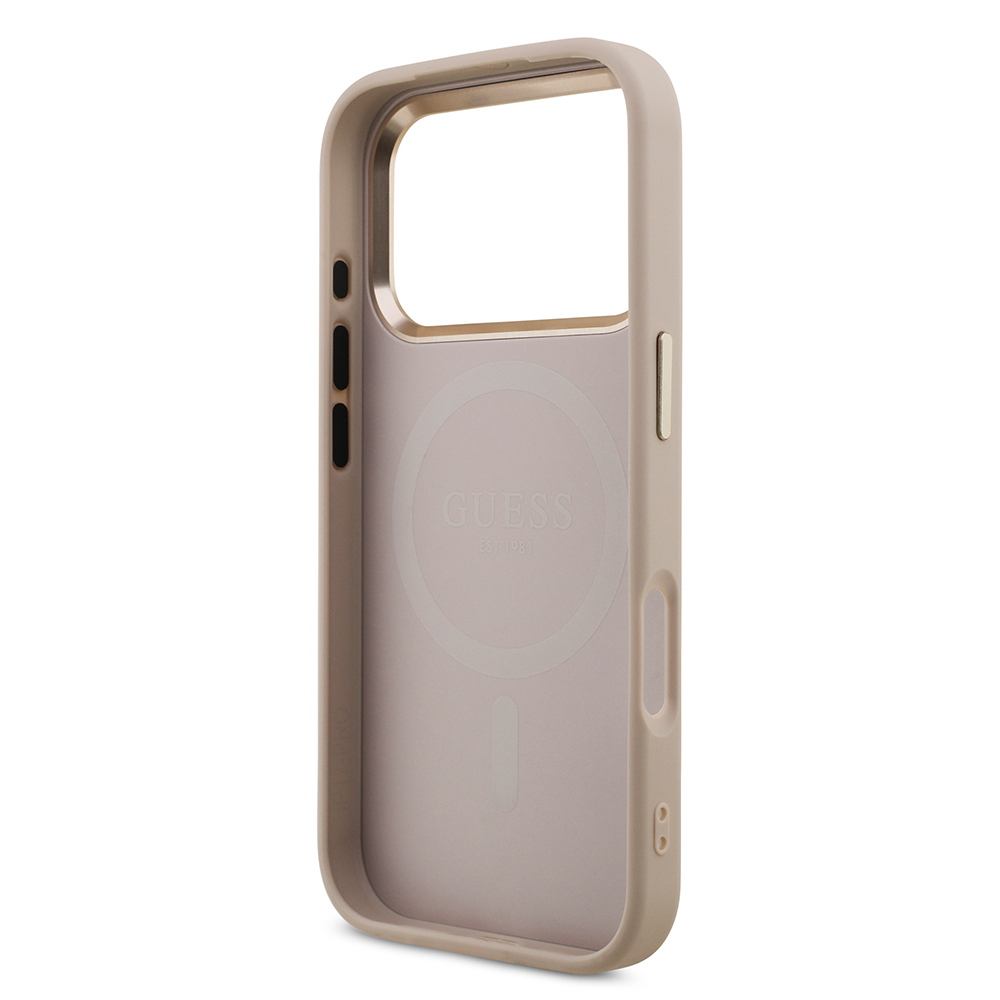 Apple iPhone 17 Pro Case Guess Original Licensed M-safe Charging Feature Gold Metal Camera Frame Stone Triangle Logo 4G Patterned Cover - 24