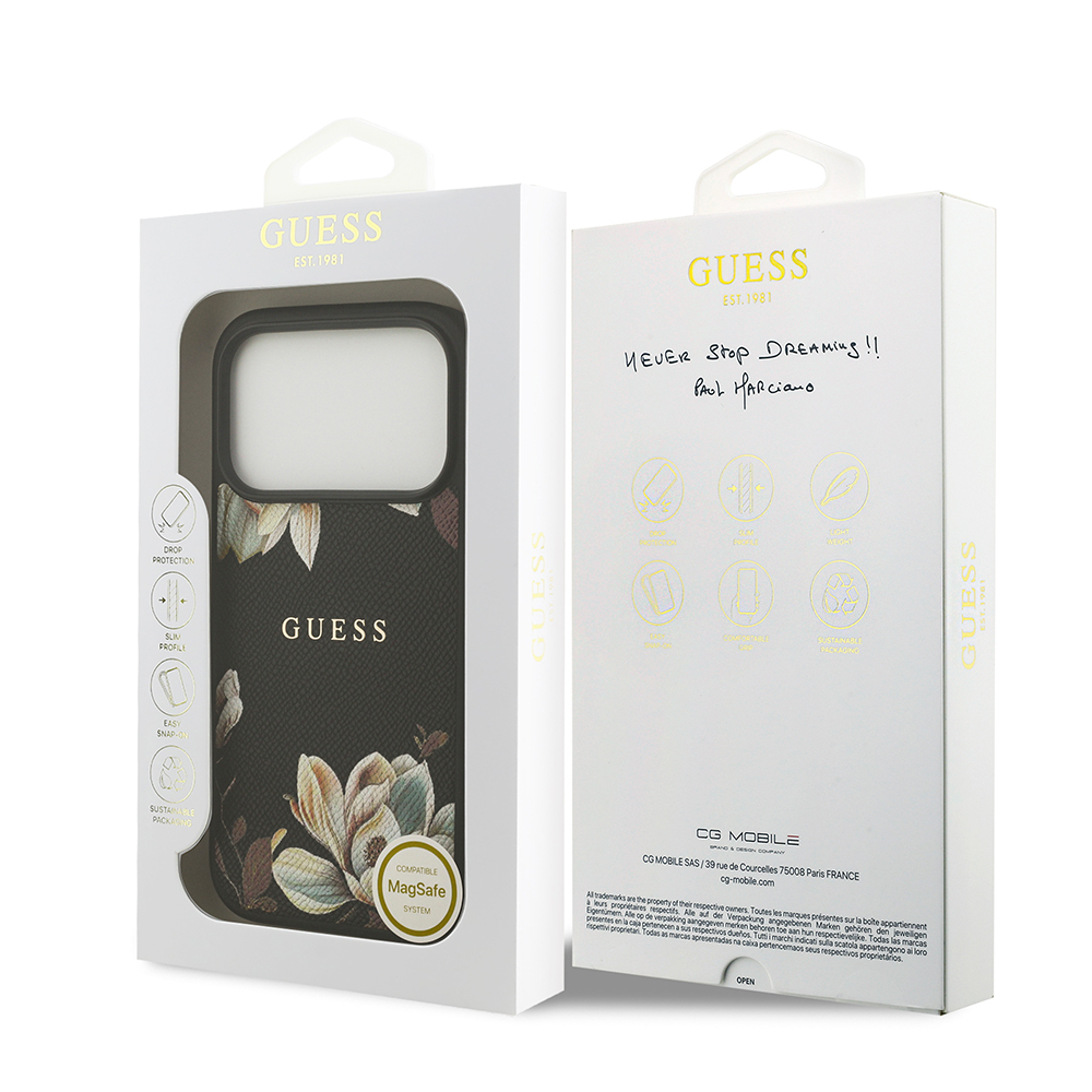 Apple iPhone 17 Pro Case Guess Original Licensed M-Safe Charging Feature Grained Flower Design Metal Lettering Logo Cover - 10