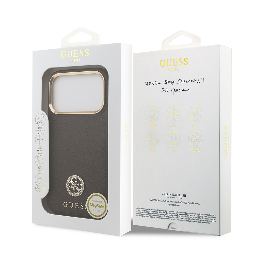 Apple iPhone 17 Pro Case Guess Original Licensed M-Safe Charging Feature Grained Text and Stone 4G Logo Cover - 10