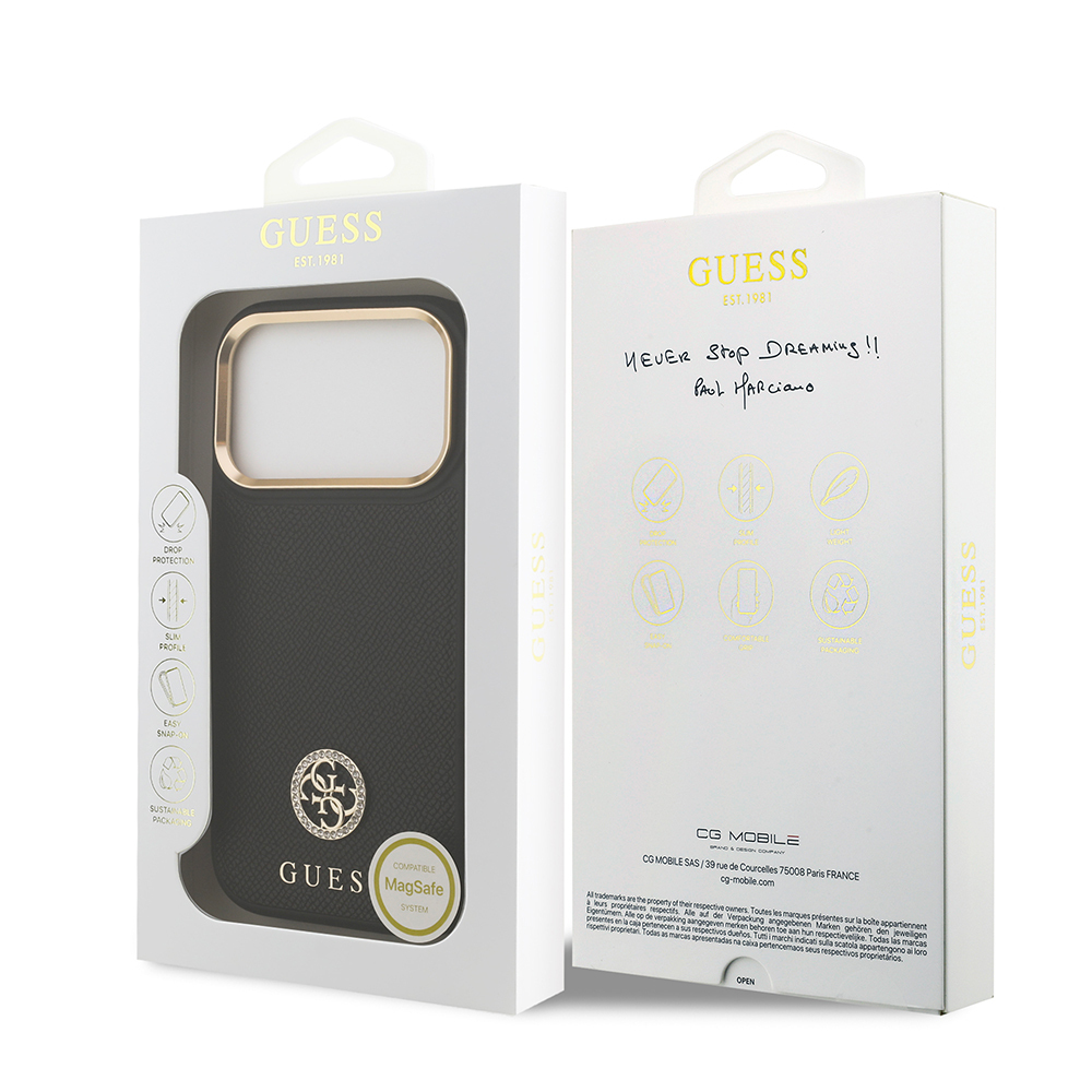 Apple iPhone 17 Pro Case Guess Original Licensed M-Safe Charging Feature Grained Text and Stone 4G Logo Cover - 17