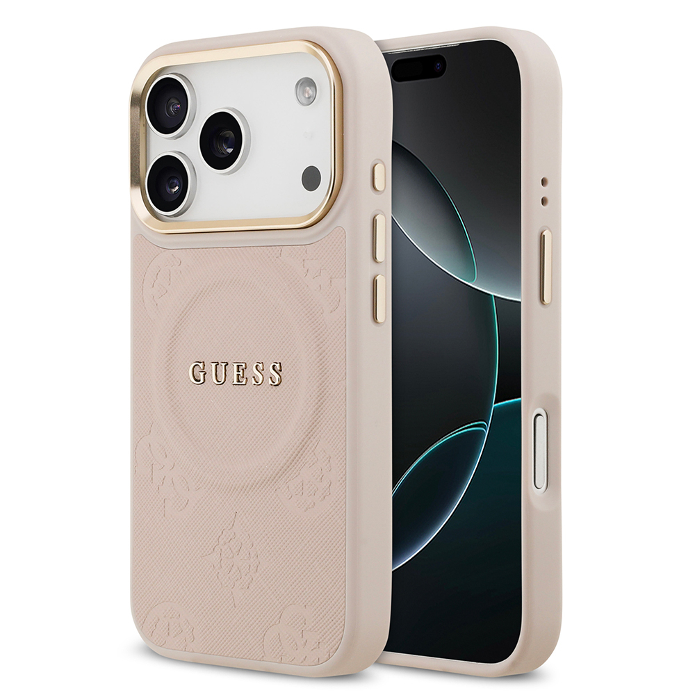 Apple iPhone 17 Pro Case Guess Original Licensed M-safe Charging Feature Hot Printed Text Logo PU Leather Peony Cover - 1