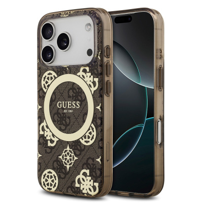 Apple iPhone 17 Pro Case Guess Original Licensed M-Safe Charging Feature IML Peony and 4G Patterned Classic Logo Cover Brown