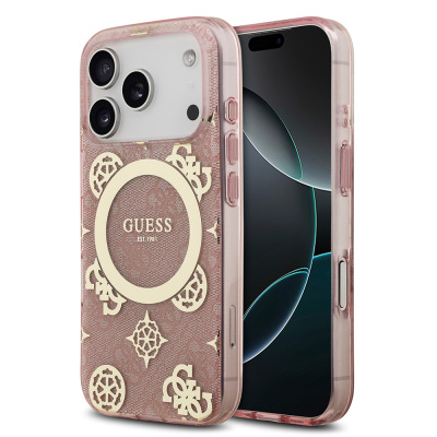 Apple iPhone 17 Pro Case Guess Original Licensed M-Safe Charging Feature IML Peony and 4G Patterned Classic Logo Cover Pink