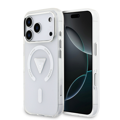 Apple iPhone 17 Pro Case Guess Original Licensed M-Safe Charging Feature IML Printed Triangle Logo Metal Camera Frame Cover Şeffaf