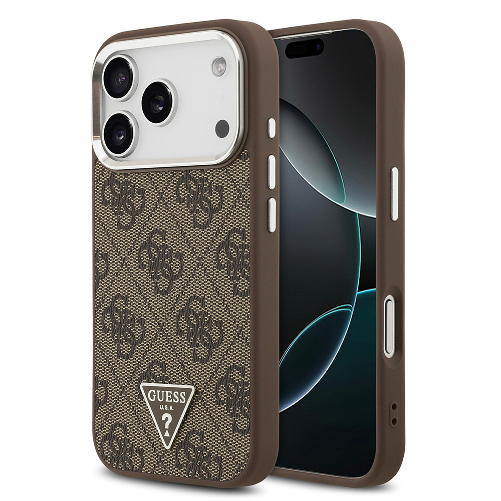 Apple iPhone 17 Pro Case Guess Original Licensed M-safe Charging Feature Silver Metal Camera Frame Triangle Logo 4G Patterned Cover - 1