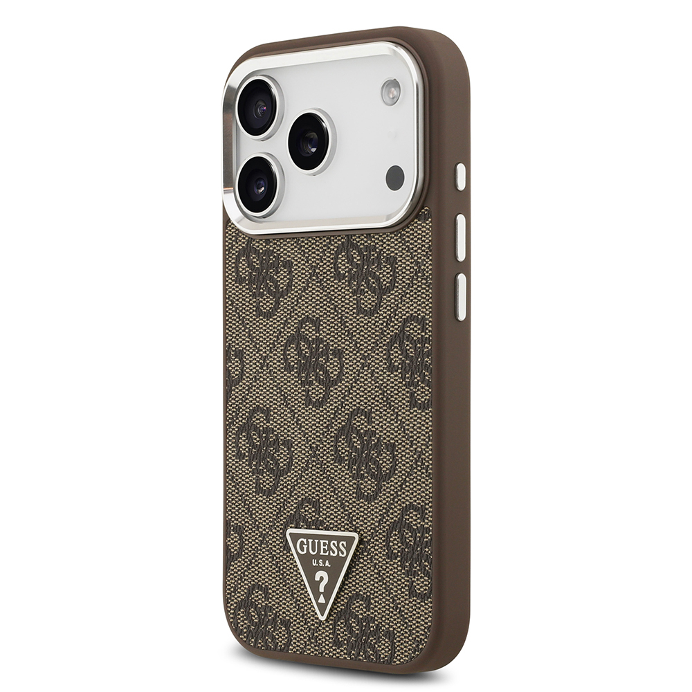 Apple iPhone 17 Pro Case Guess Original Licensed M-safe Charging Feature Silver Metal Camera Frame Triangle Logo 4G Patterned Cover - 4