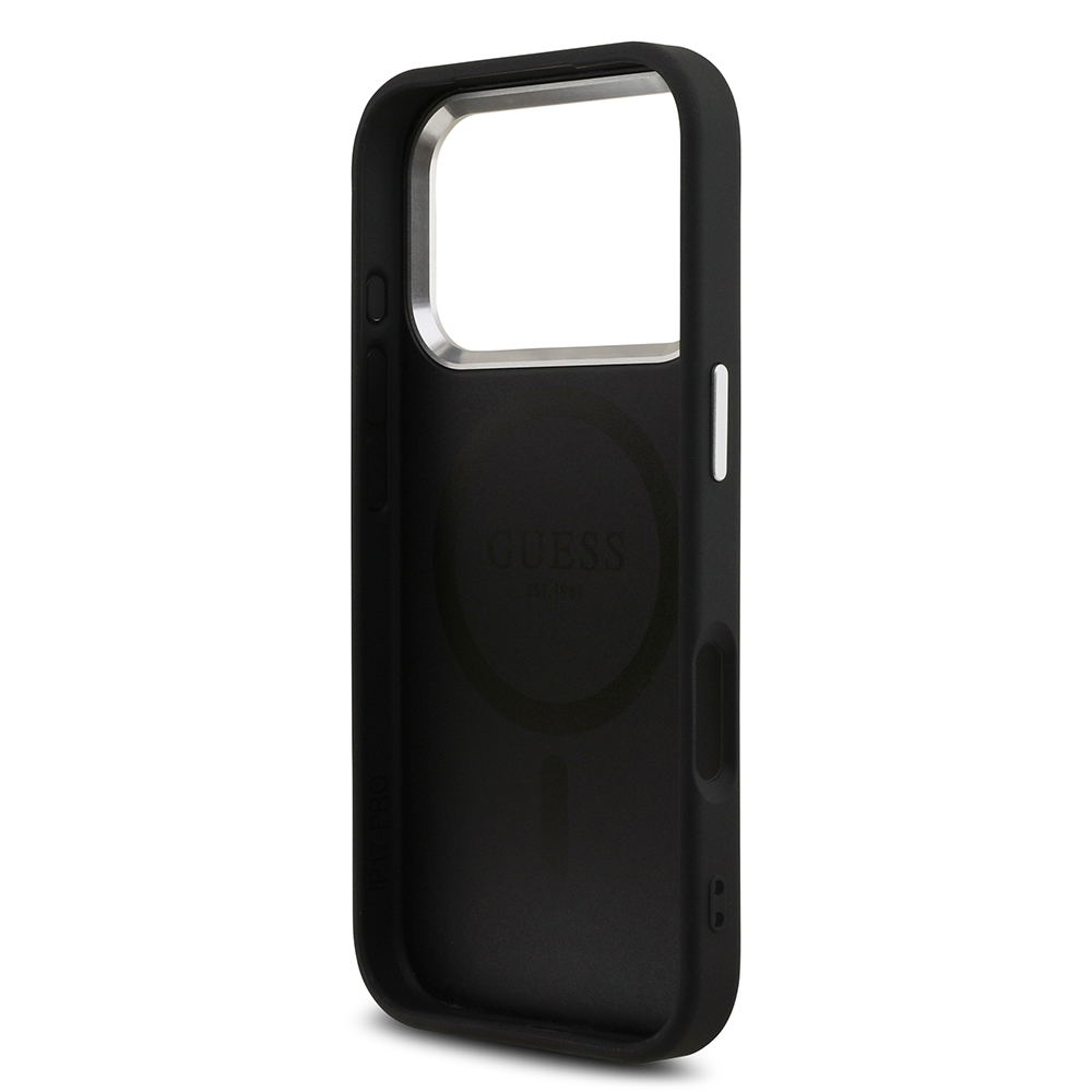 Apple iPhone 17 Pro Case Guess Original Licensed M-safe Charging Feature Silver Metal Camera Frame Triangle Logo 4G Patterned Cover - 15