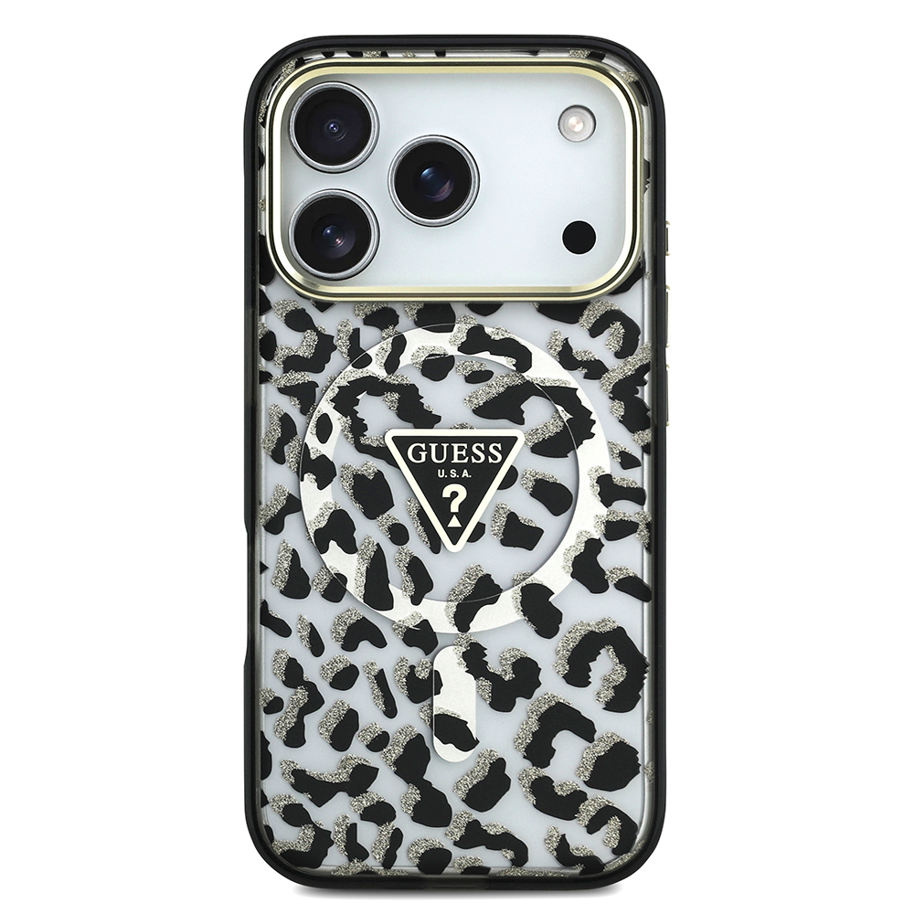 Apple iPhone 17 Pro Case Guess Original Licensed M-Safe Charging Feature Triangle Logo Glitter Leopard Pattern Cover - 5