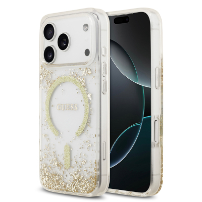 Apple iPhone 17 Pro Case Guess Original Licensed M-safe Charging Transparent Resin Bottom Cover Gold