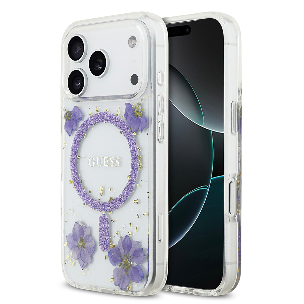 Apple iPhone 17 Pro Case Guess Original Licensed M-safe Charging Transparent Resin Flowers Cover - 3