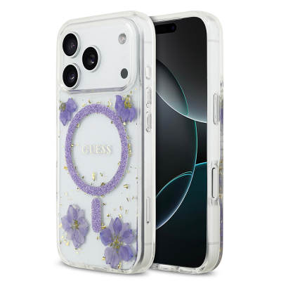 Apple iPhone 17 Pro Case Guess Original Licensed M-safe Charging Transparent Resin Flowers Cover Purple
