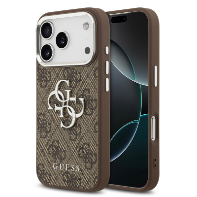 Apple iPhone 17 Pro Case Guess Original Licensed Silver Metal Camera Frame 4G Patterned Metal Large 4G and Text Logo Cover Brown