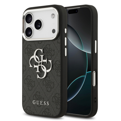 Apple iPhone 17 Pro Case Guess Original Licensed Silver Metal Camera Frame 4G Patterned Metal Large 4G and Text Logo Cover Black