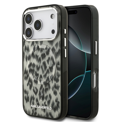 Apple iPhone 17 Pro Case Karl Lagerfeld Original Licensed M-Safe Charging Feature IML Leopard Print Cover Brown