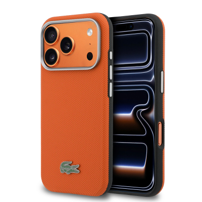 Apple iPhone 17 Pro Case, Lacoste Original Licensed, M-Safe Charging Enabled, PVC Semi-Pique Patterned Back, Iconic Crocodile Weave Logo Cover Orange