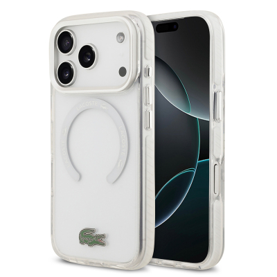 Apple iPhone 17 Pro Case Lacoste Original Licensed M-Safe Charging Feature Iconic Crocodile Logo Frosted Cover White