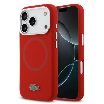 Apple iPhone 17 Pro Case Lacoste Original Licensed M-Safe Charging Feature Iconic Logo Metal Camera Frame Silicone Cover Red