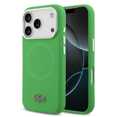 Apple iPhone 17 Pro Case Lacoste Original Licensed M-Safe Charging Feature Iconic Logo Metal Camera Frame Silicone Cover Green