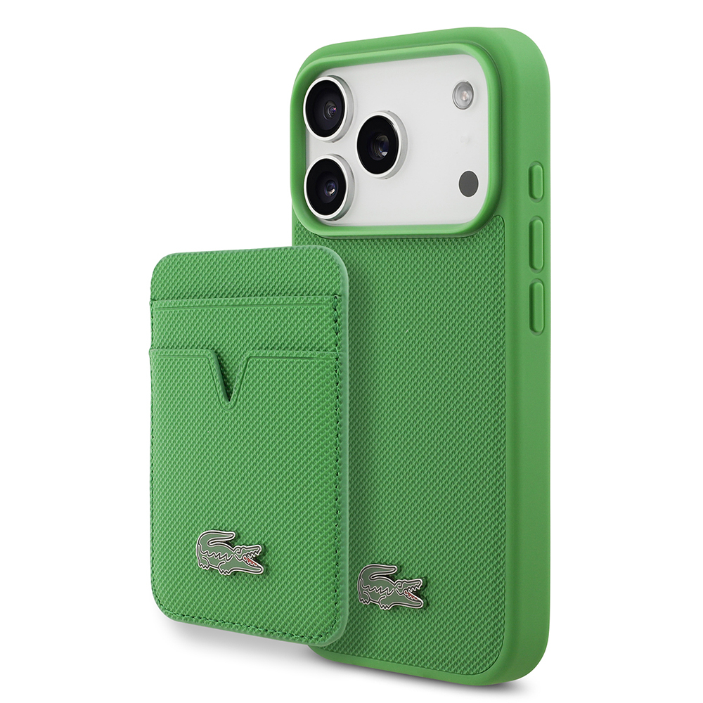 Apple iPhone 17 Pro Case Lacoste Original Licensed M-Safe Charging Feature PU Pique Pattern Metal Logo Card Holder Cover - 1
