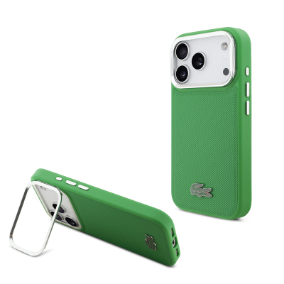 Apple iPhone 17 Pro Case Lacoste Original Licensed M-safe Charging Feature PU Pique Pattern Stand Metal Logo Cover Green