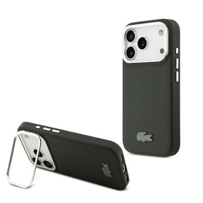 Apple iPhone 17 Pro Case Lacoste Original Licensed M-safe Charging Feature PU Pique Pattern Stand Metal Logo Cover Dark Green