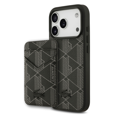 Apple iPhone 17 Pro Case Lacoste Original Licensed M-Safe Charging Function PU Leather Design Card Holder Mixed Monogram Pattern Cover Black