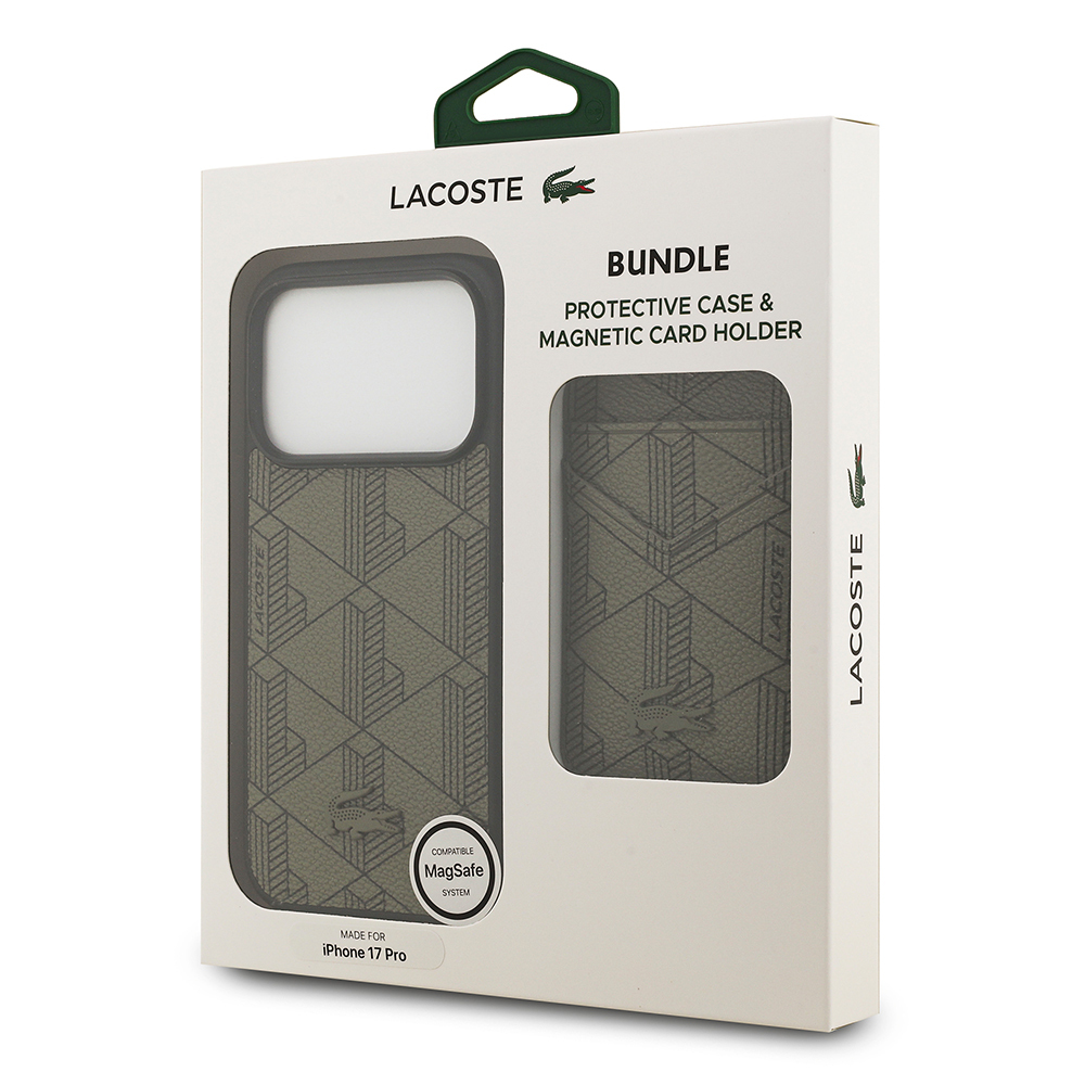 Apple iPhone 17 Pro Case Lacoste Original Licensed M-Safe Charging Function PU Leather Design Card Holder Mixed Monogram Pattern Cover - 24