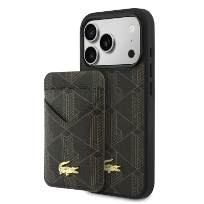 Apple iPhone 17 Pro Case Lacoste Original Licensed M-Safe Charging Function PU Leather Design Card Holder Mixed Monogram Pattern Cover Brown