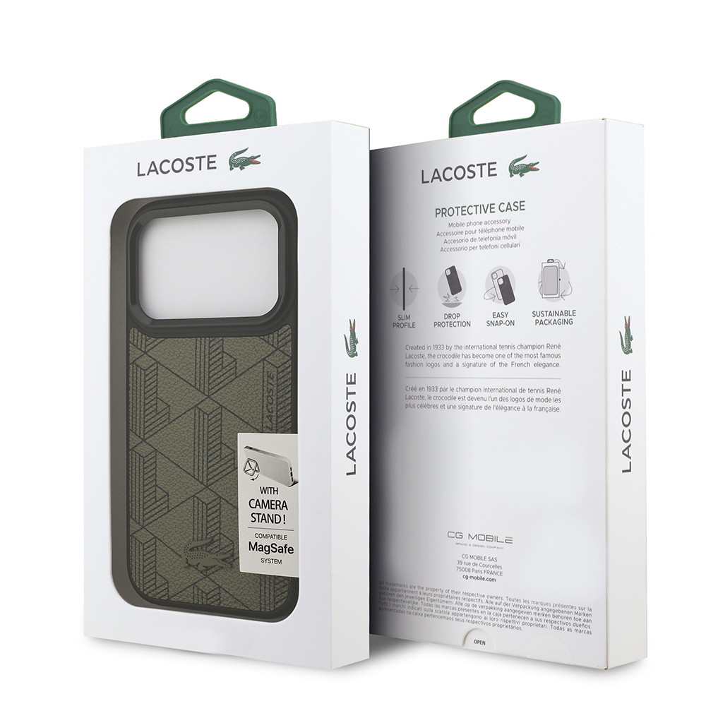 Apple iPhone 17 Pro Case Lacoste Original Licensed M-safe Charging Stand PU Leather Mixed Monogram Pattern Cover - 17