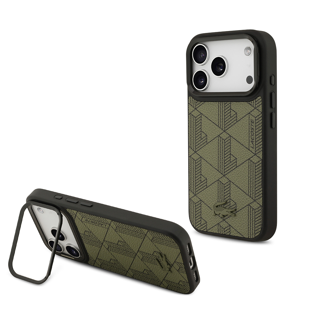 Apple iPhone 17 Pro Case Lacoste Original Licensed M-safe Charging Stand PU Leather Mixed Monogram Pattern Cover - 3
