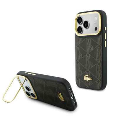 Apple iPhone 17 Pro Case Lacoste Original Licensed M-safe Charging Stand PU Leather Mixed Monogram Pattern Cover Brown