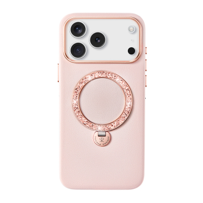 Apple iPhone 17 Pro Case M-safe Charging Enabled Leather Design Stand Pynana Dancing Circle Luxury Series Cover Rose Gold