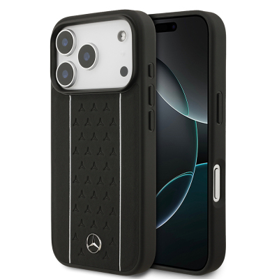 Apple iPhone 17 Pro Case Mercedes Benz Original Licensed M-Safe Charging Feature Striped Star Patterned Metal Logo Leather Cover Black