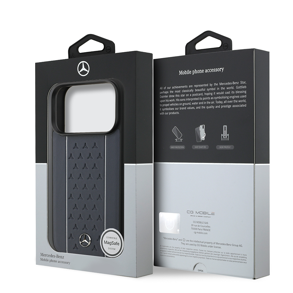 Apple iPhone 17 Pro Case Mercedes Benz Original Licensed M-Safe Charging Feature Striped Star Patterned Metal Logo Leather Cover - 17