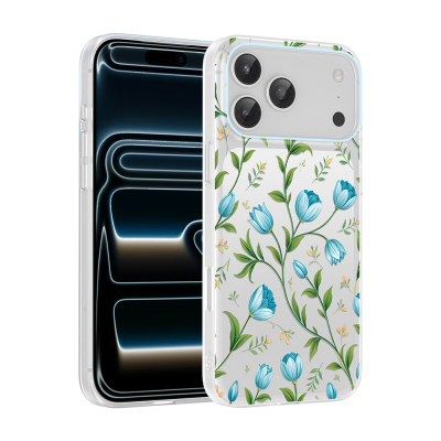 Apple iPhone 17 Pro Case with Camera Protector, Patterned Zore Clip Cover Mavi Lale