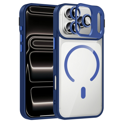 Apple iPhone 17 Pro Case with Stand and Camera Lens Gift Zore Etro Cover with M-Safe Charging Function Navy blue