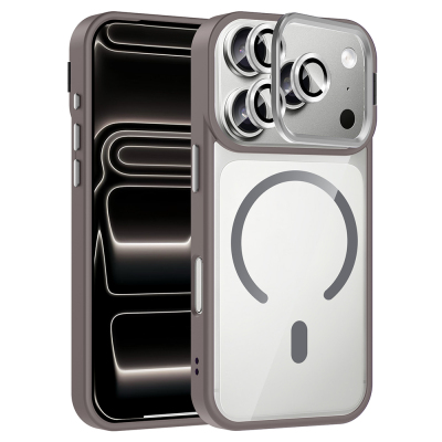 Apple iPhone 17 Pro Case with Stand and Camera Lens Gift Zore Etro Cover with M-Safe Charging Function Grey