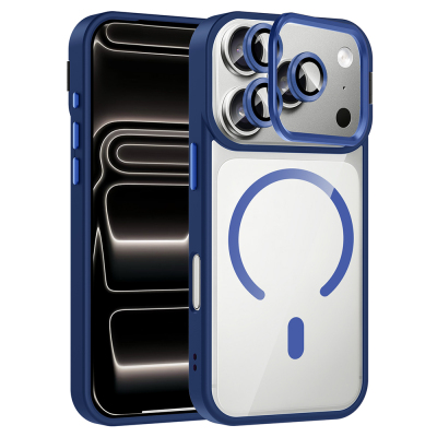 Apple iPhone 17 Pro Case with Stand and Camera Lens Gift Zore Etro Cover with M-Safe Charging Function Navy blue