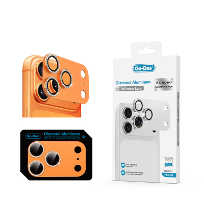 Apple iPhone 17 Pro Go Des FC006 Diamond Titanyum Serisi Anti Reflective Kamera Lens Koruyucu Turuncu