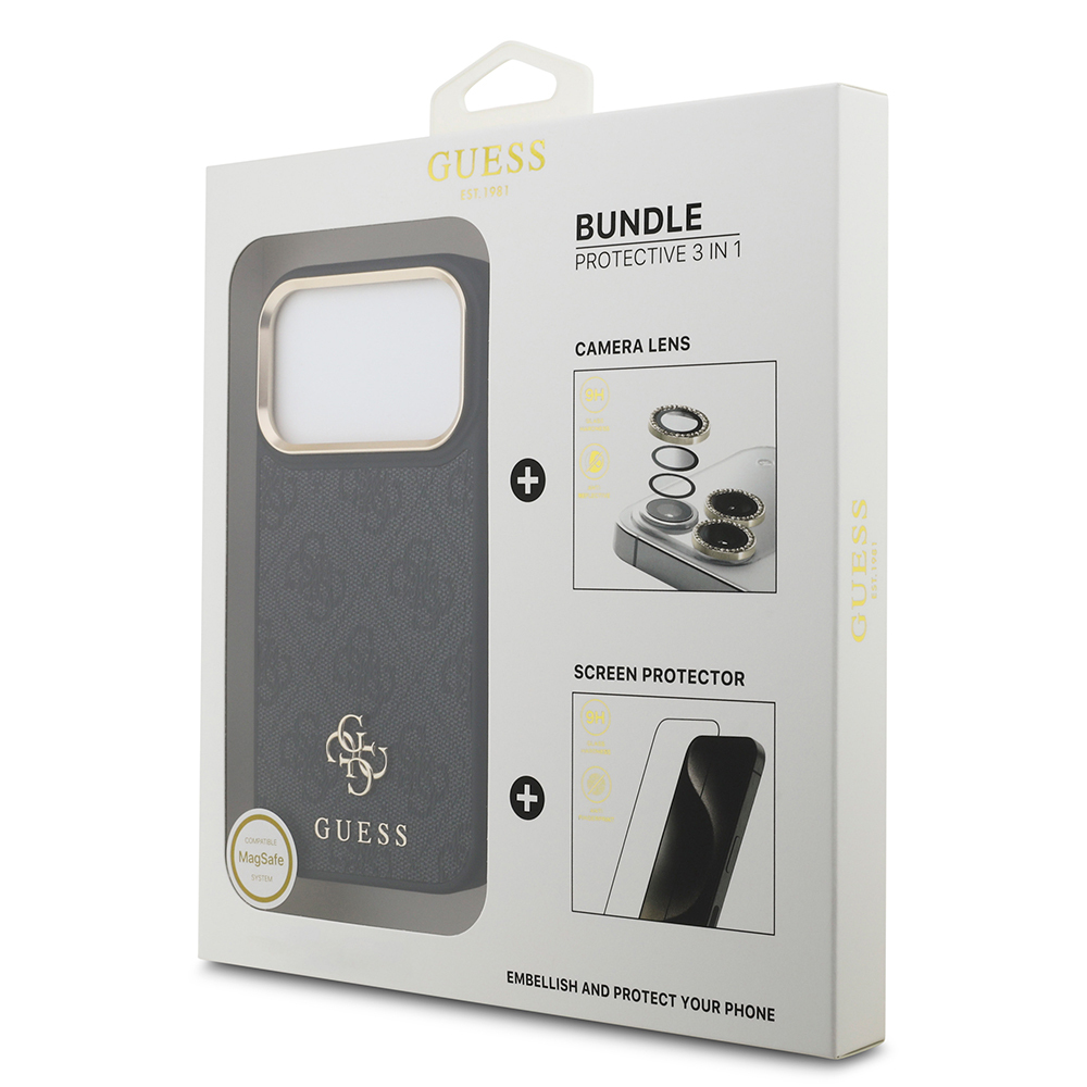 Apple iPhone 17 Pro Guess Orjinal Lisanslı 4G ve Yazı Logolu Kılıf + Ekran Koruyucu + Lens Koruyucu 3in1 Aksesuar Seti - 1